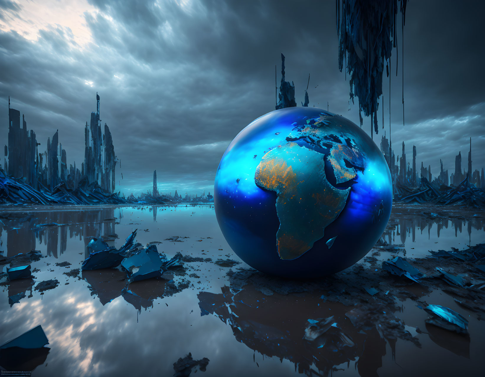 Surreal oversized Earth globe in dystopian landscape