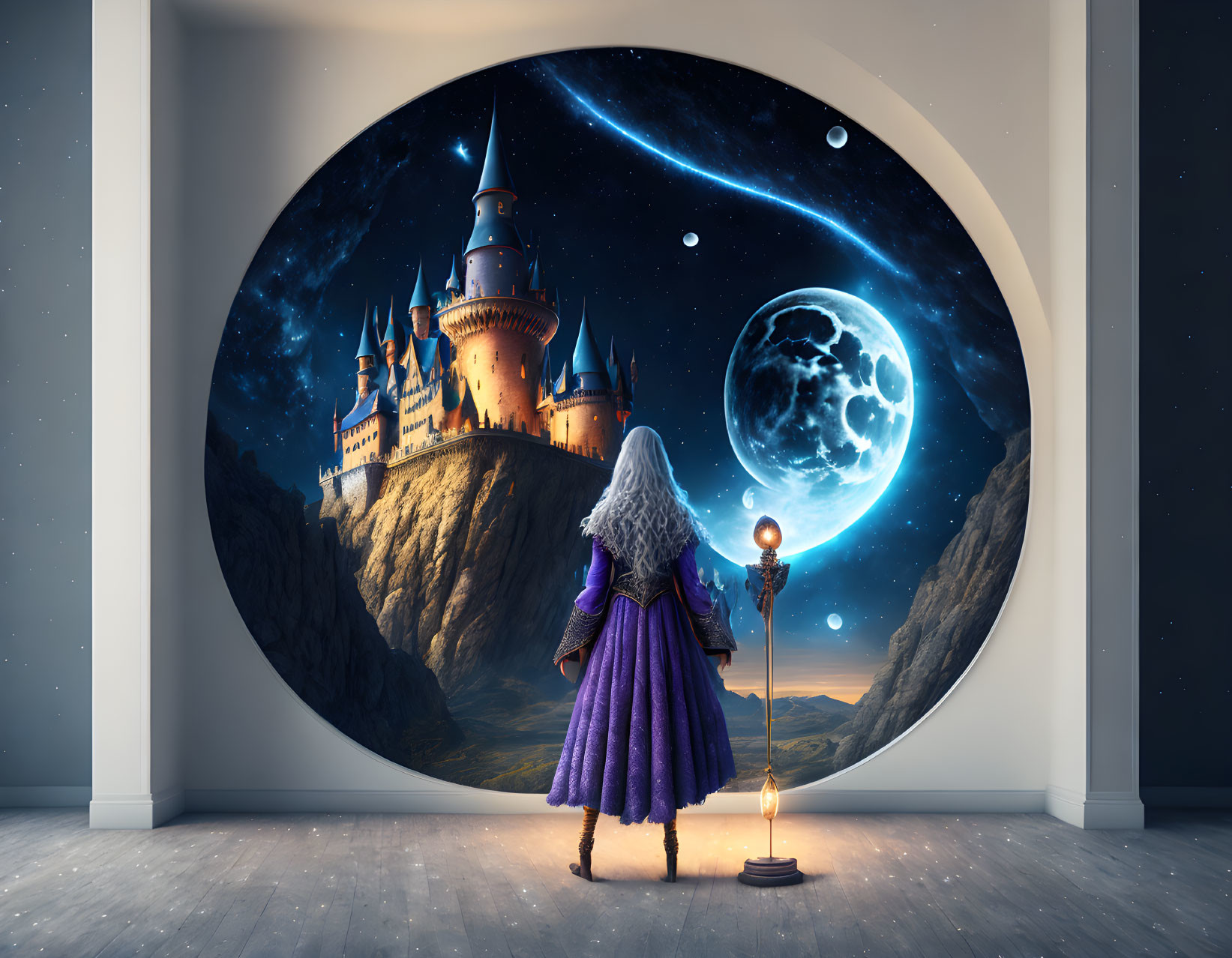 Person in purple cloak gazes at castle, moon, and planet in fantastical night scene