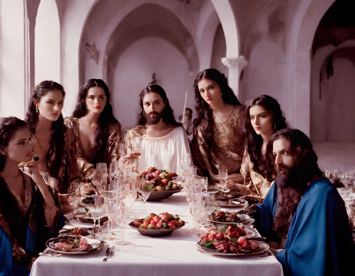 Historical Costumed Group Dining in Elegant Hall