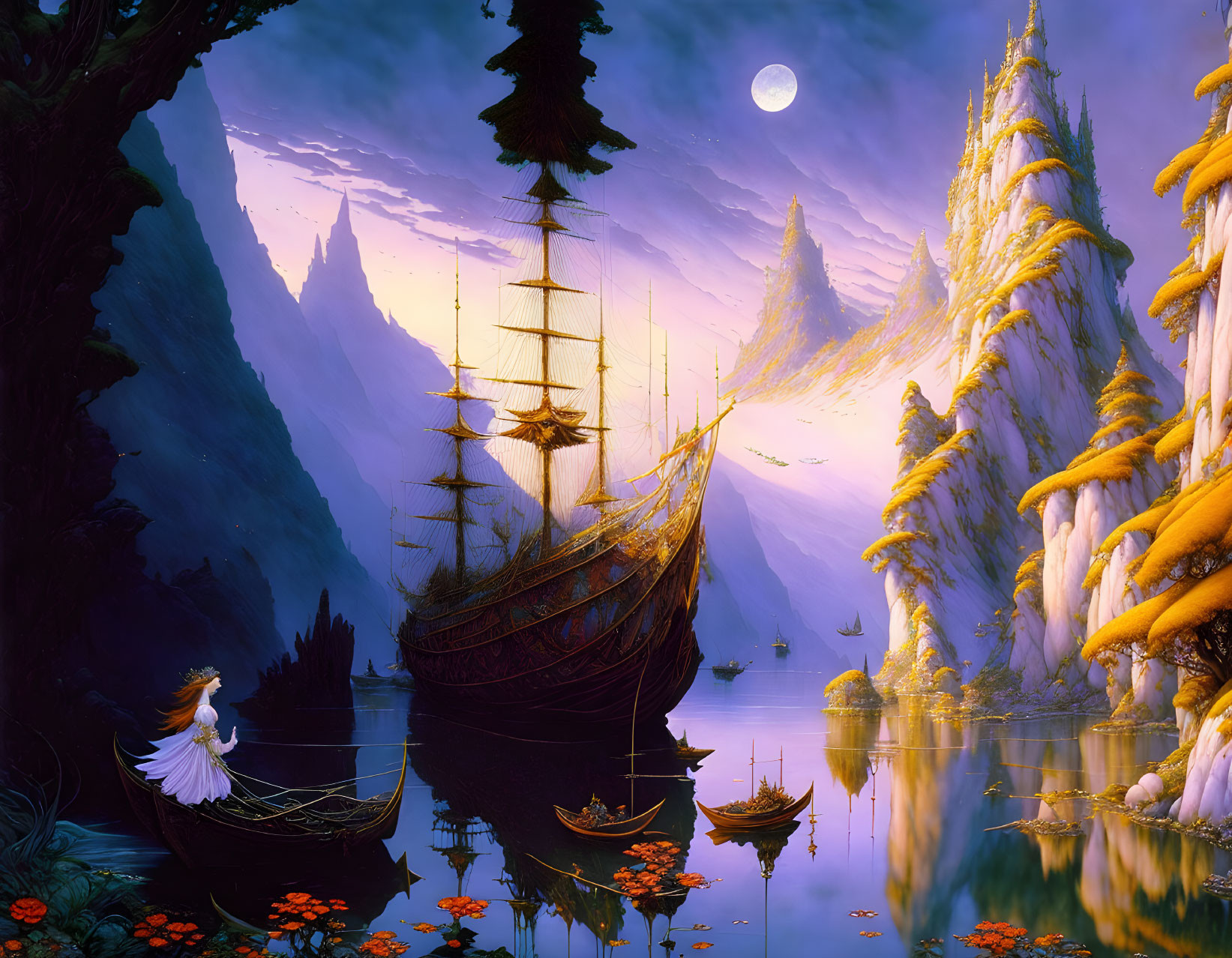 Fantasy landscape at dusk: snow-capped mountains, galleon, small boats, swan