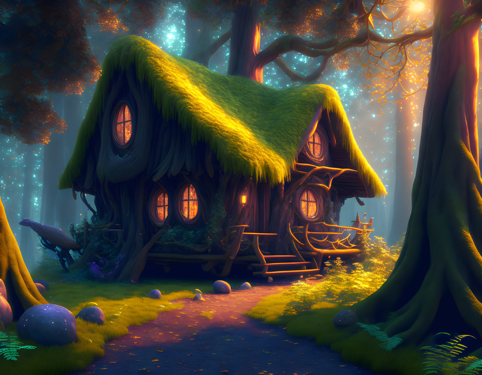 Whimsical forest scene with glowing cottage and wooden bridge