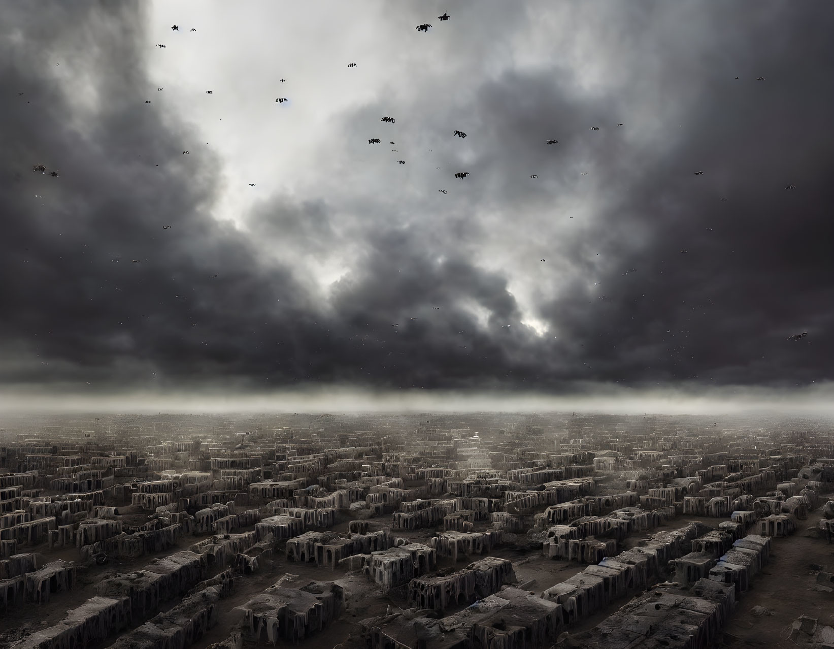 Desolate war-torn city under dark clouds with flying birds