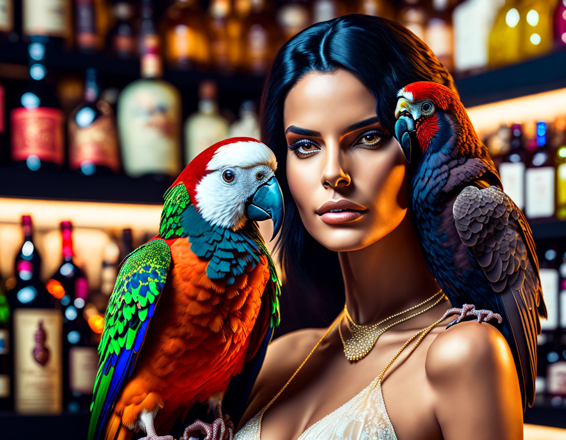 Colorful Parrots Pose with Woman Against Liquor Bottles