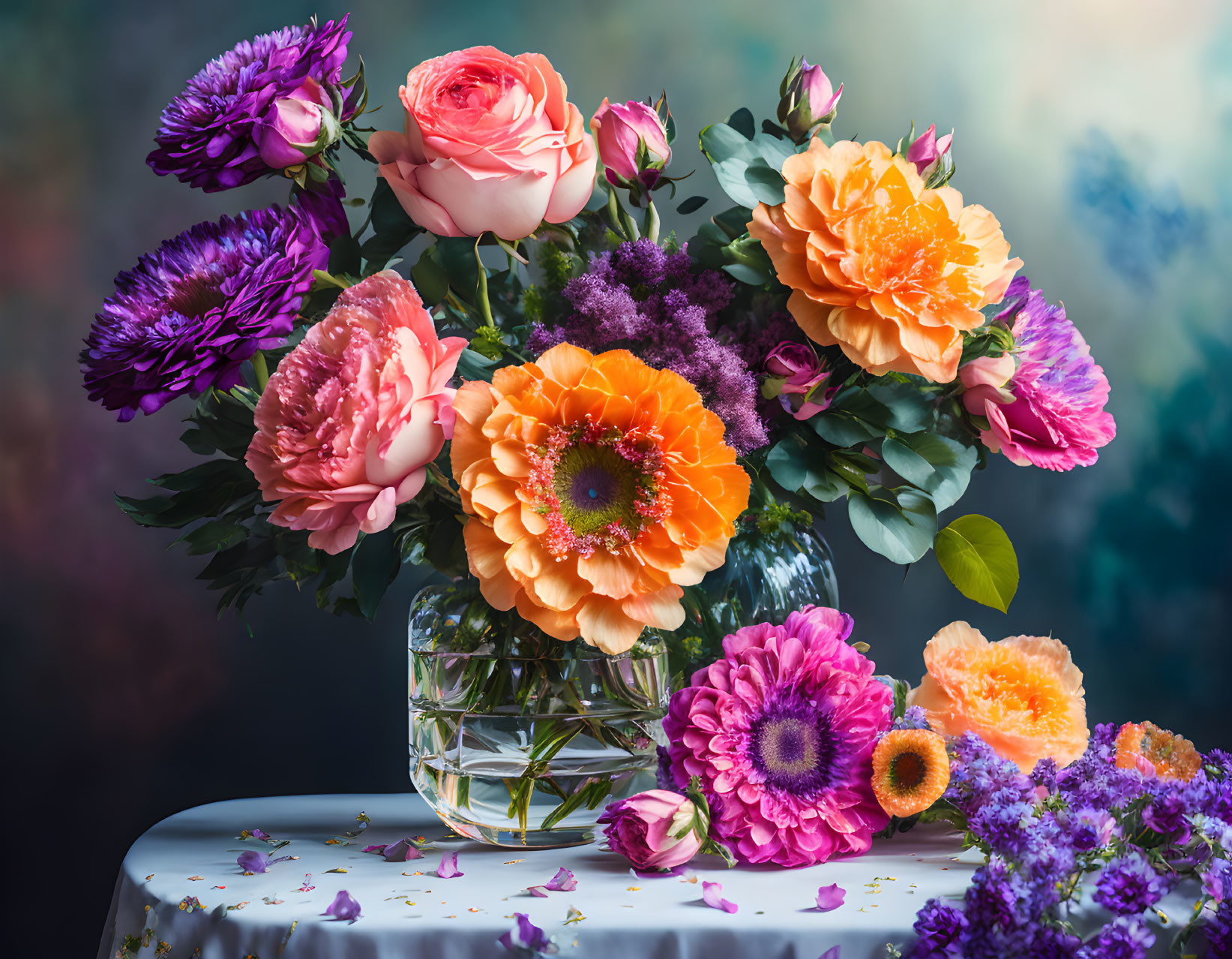 Colorful Mixed Flower Bouquet in Glass Vase with Roses and Peonies