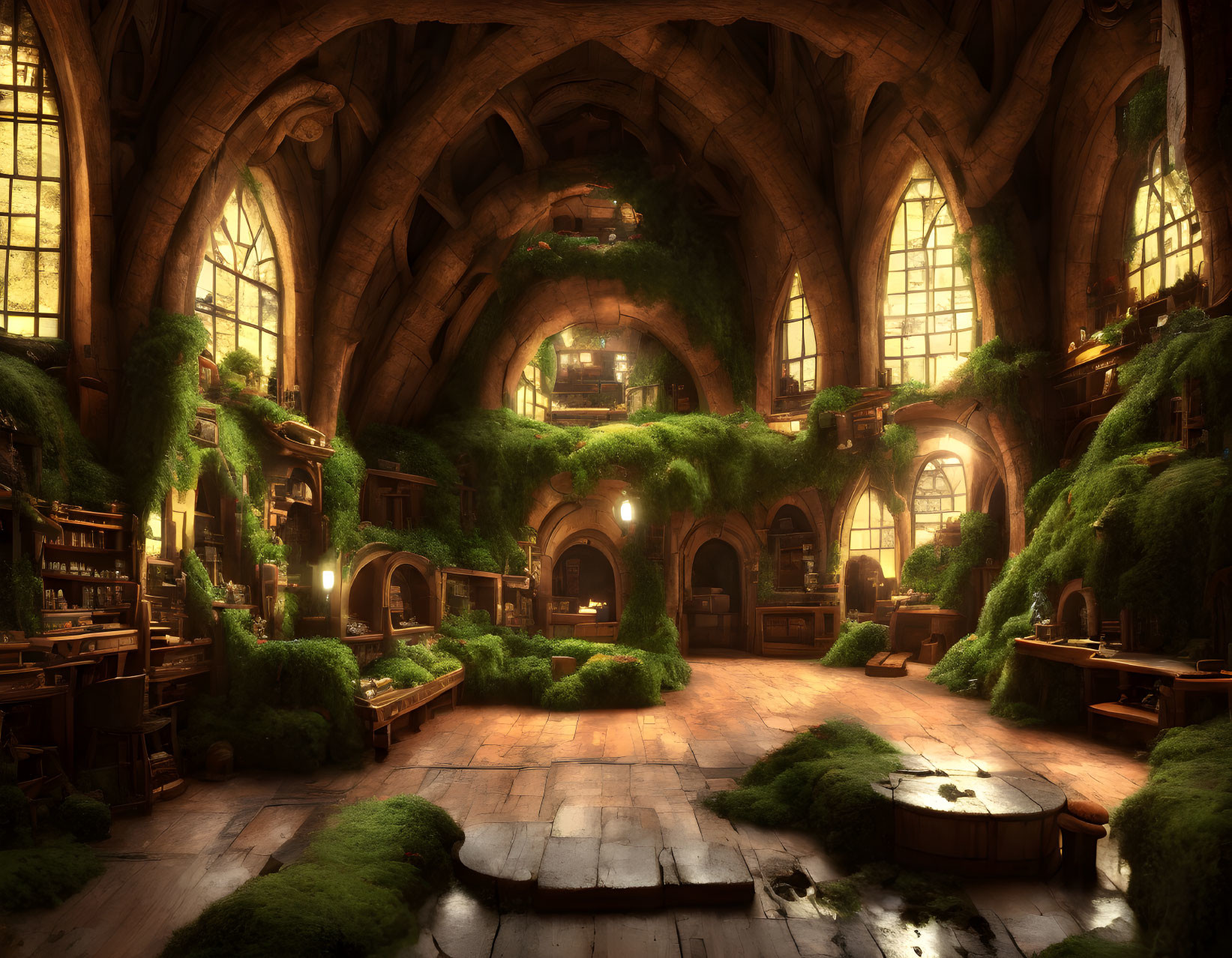 Fantasy library with towering bookshelves and gothic arches