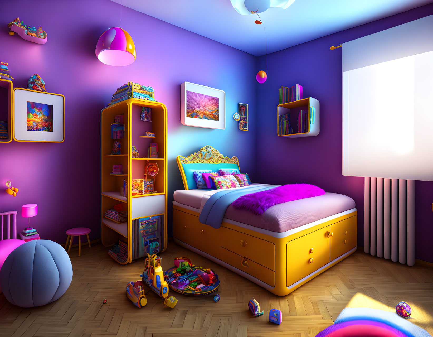 Colorful Children's Bedroom with Yellow Bed and Purple Walls