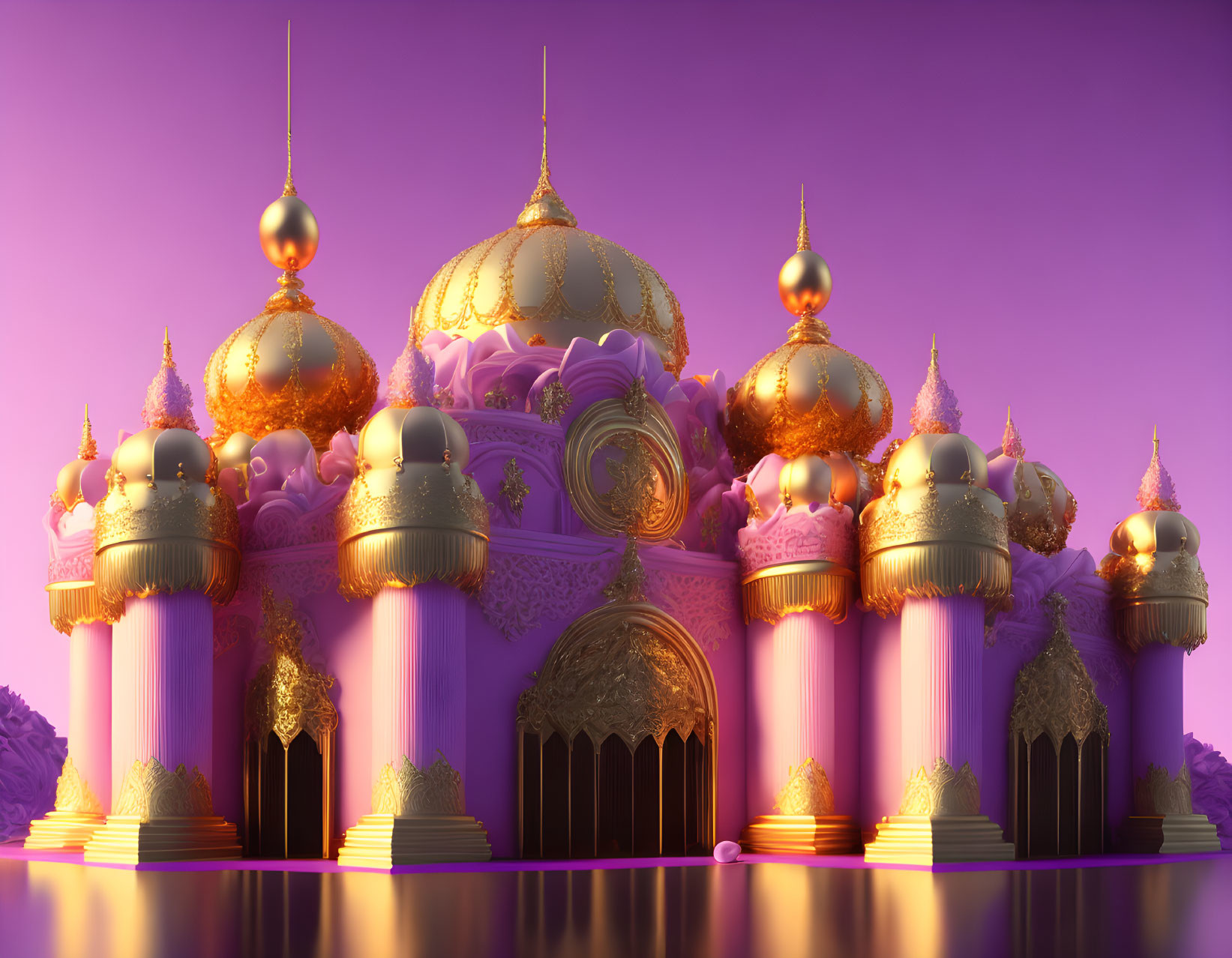 Whimsical pink and gold fantasy palace on purple background