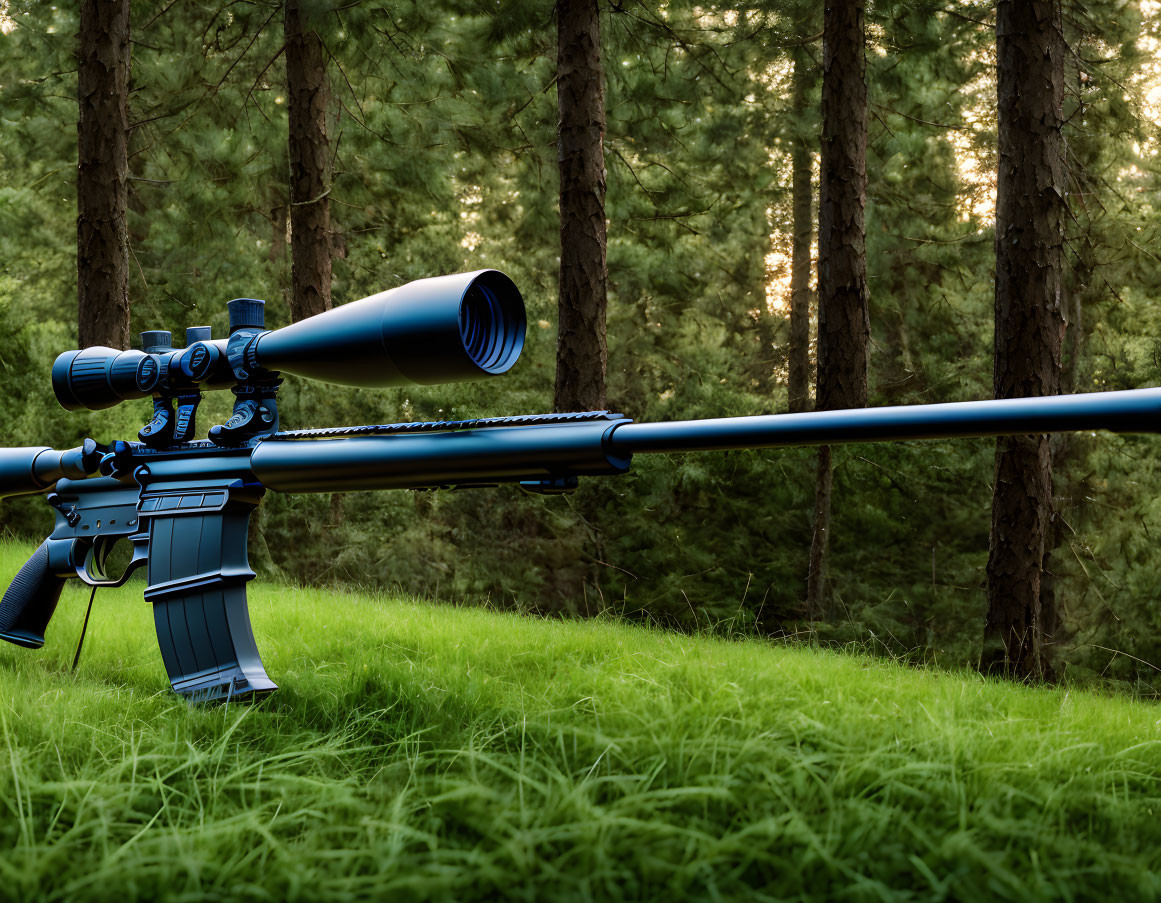 Precision Rifle with Scope in Forest Setting: Grass Floor, Tall Pine Trees