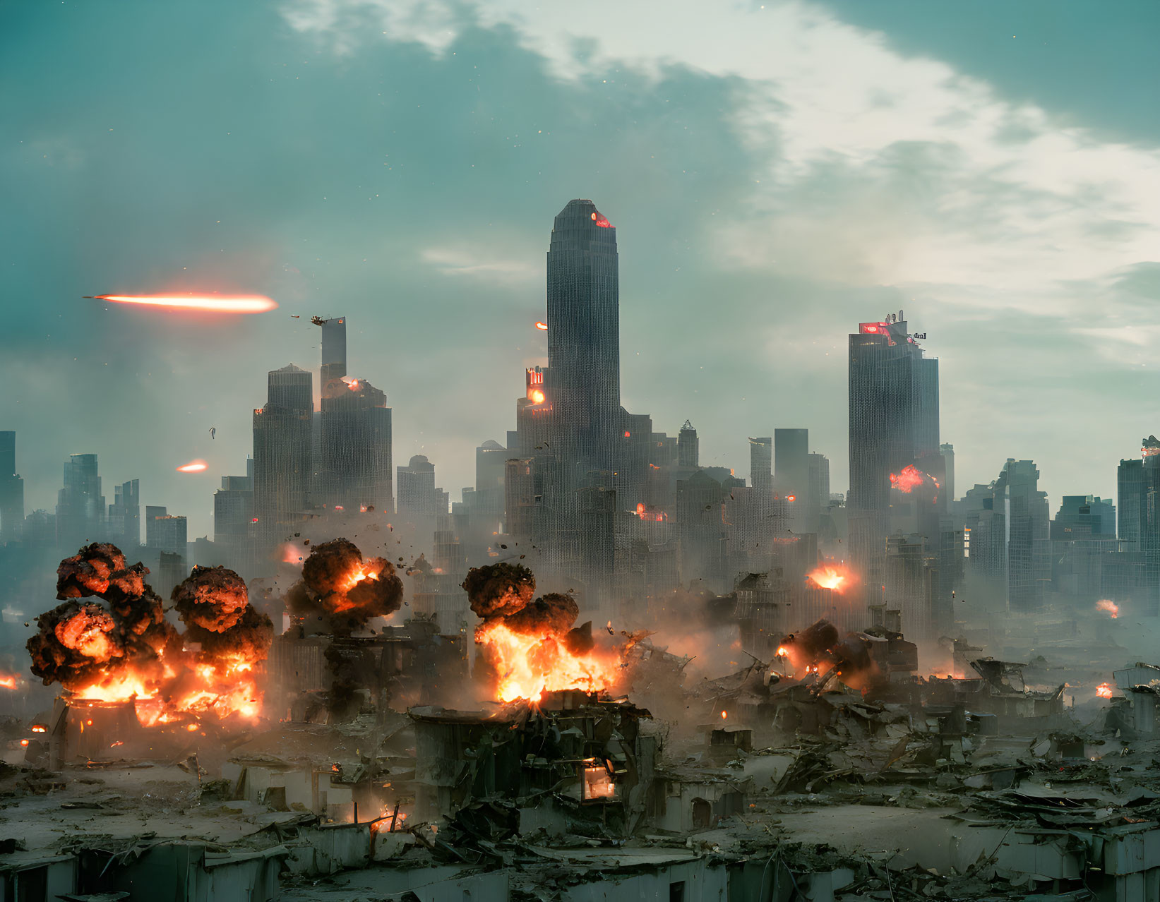 Dystopian cityscape under siege with explosions, fires, and smoke