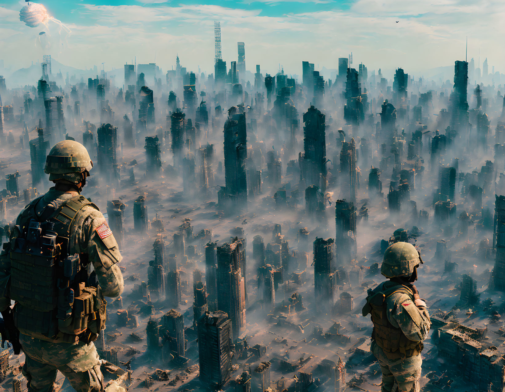 Military soldiers observe dystopian ruins in foggy landscape