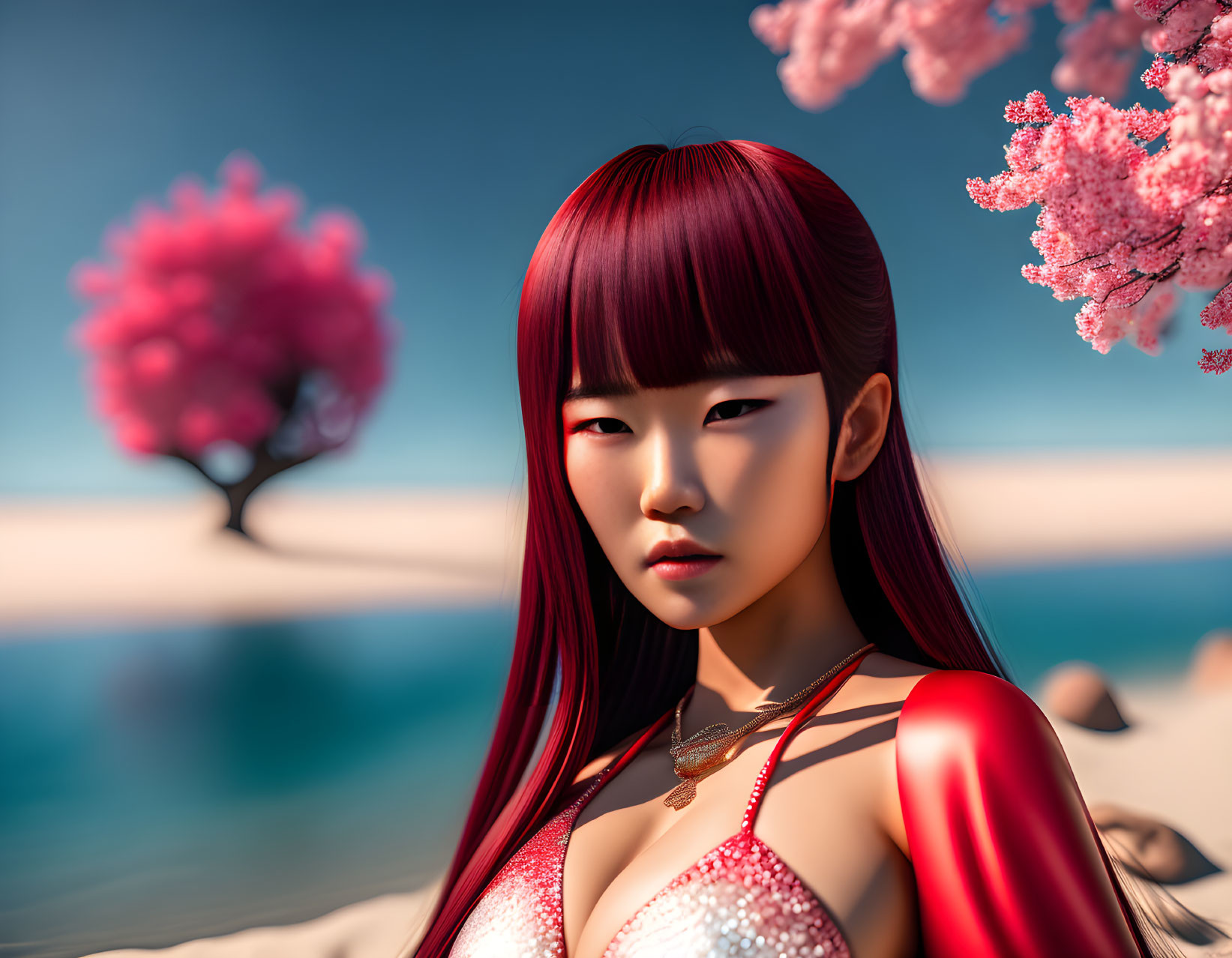 Digital artwork: Woman with red hair under cherry blossom tree by serene beach