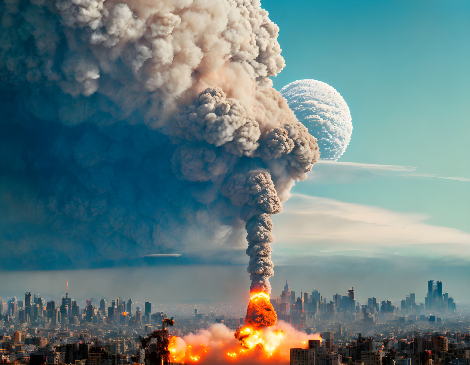 City skyline engulfed in smoke from explosion, full moon in blue sky