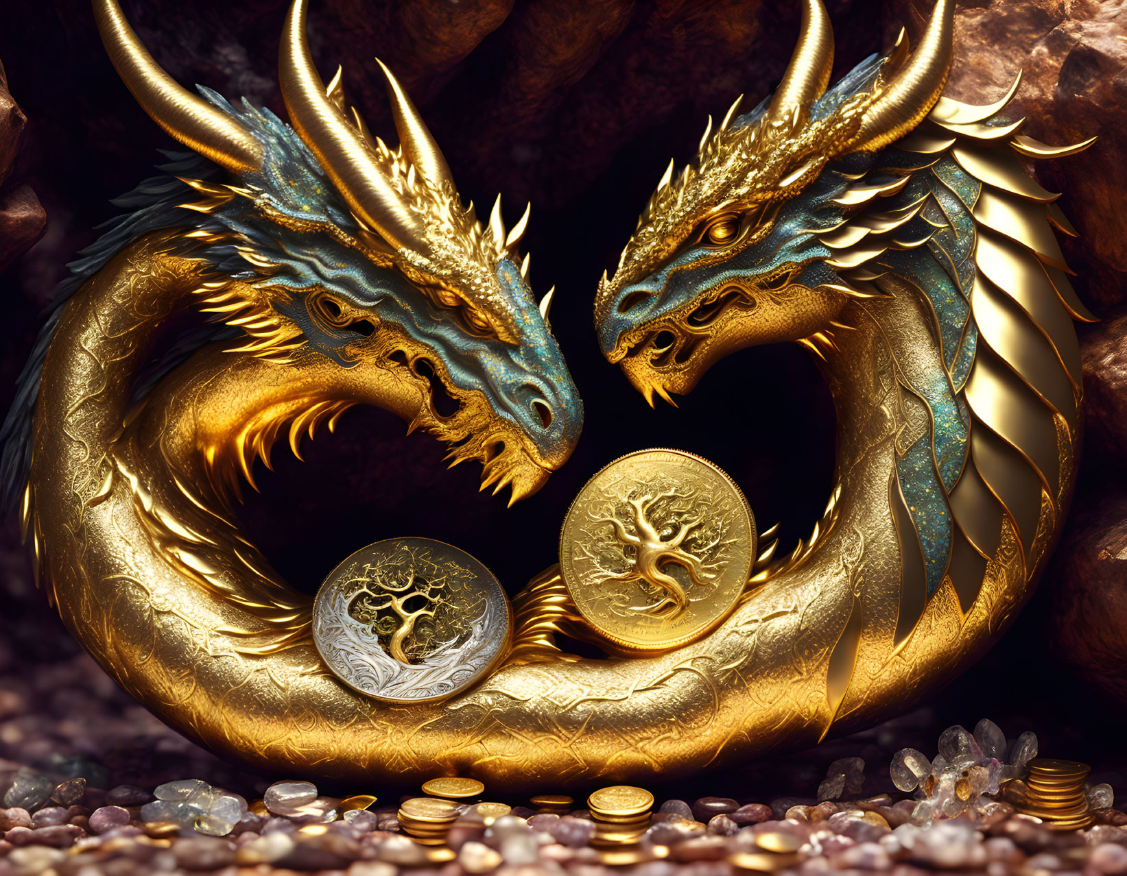 Golden dragons guarding coin in treasure of jewels & gold