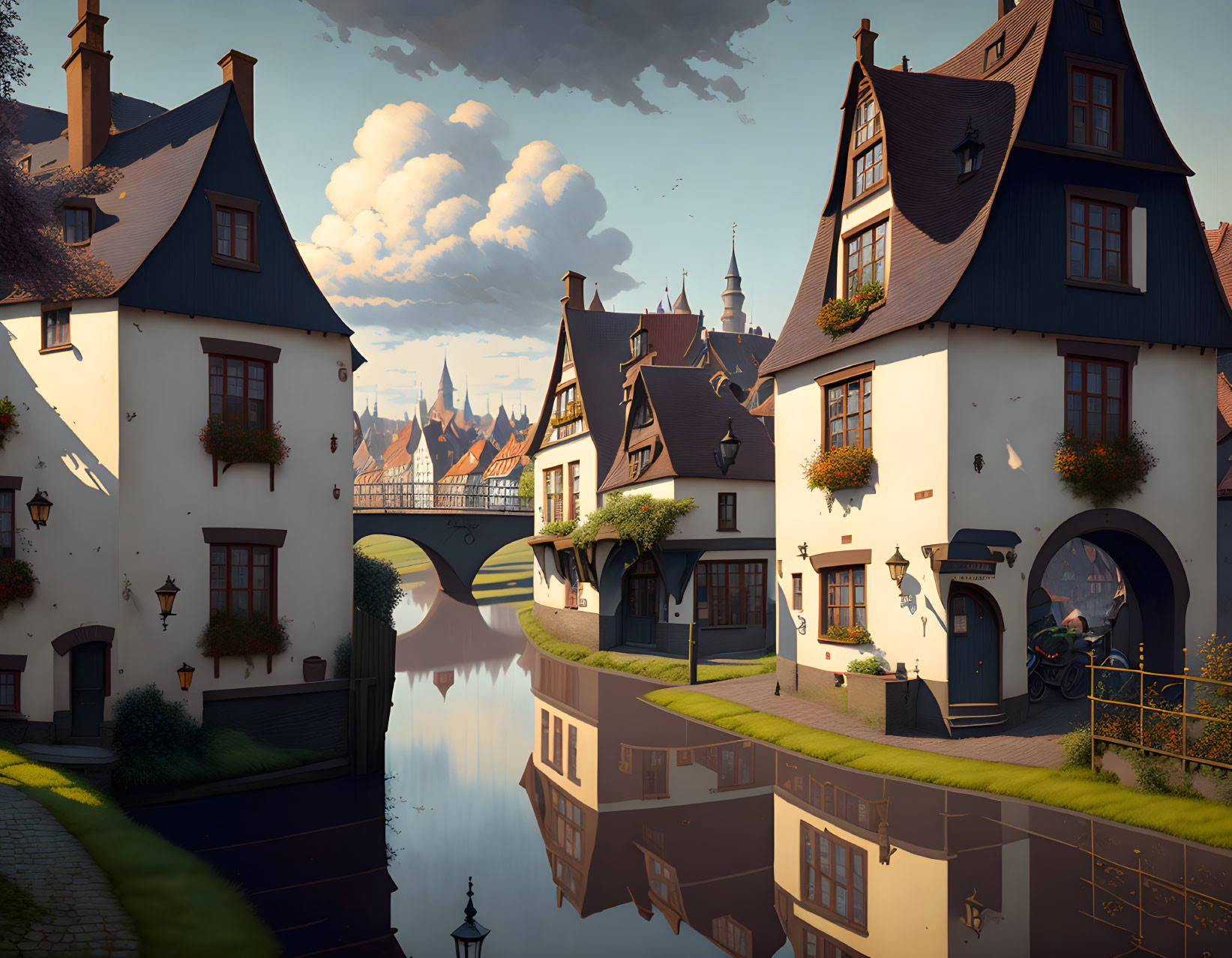 Picturesque European Village with Half-Timbered Houses & Arched Bridges