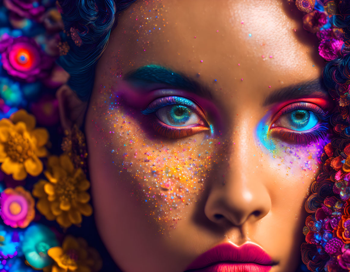 Close-up portrait featuring vibrant makeup and colorful flowers framing striking eyes and lips.