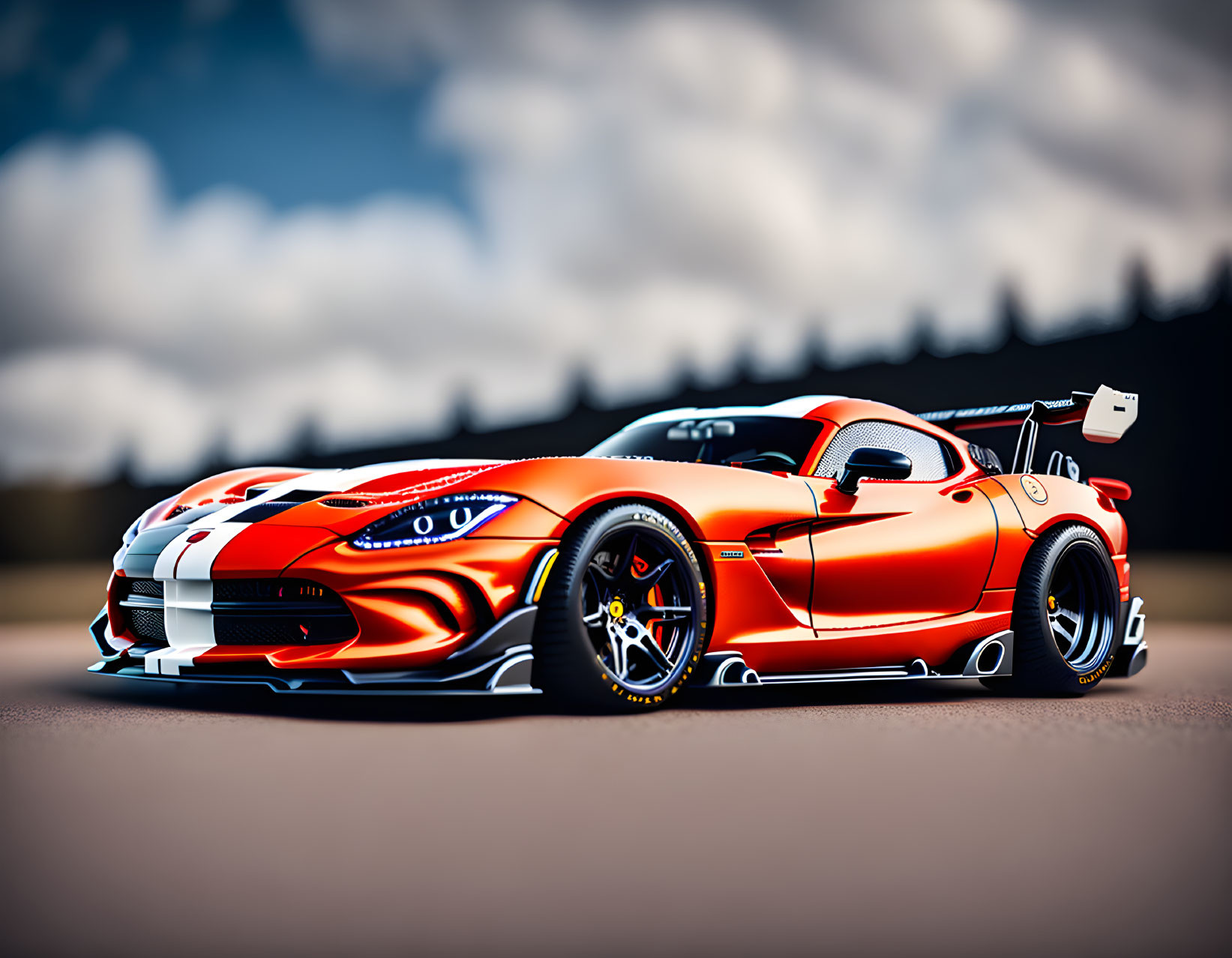 Custom orange sports car with racing stripes and wide body kit on asphalt under clear sky