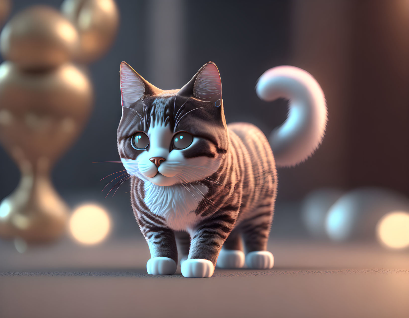 Realistic 3D illustration of cute striped cat with large eyes and glowing orbs on soft-lit