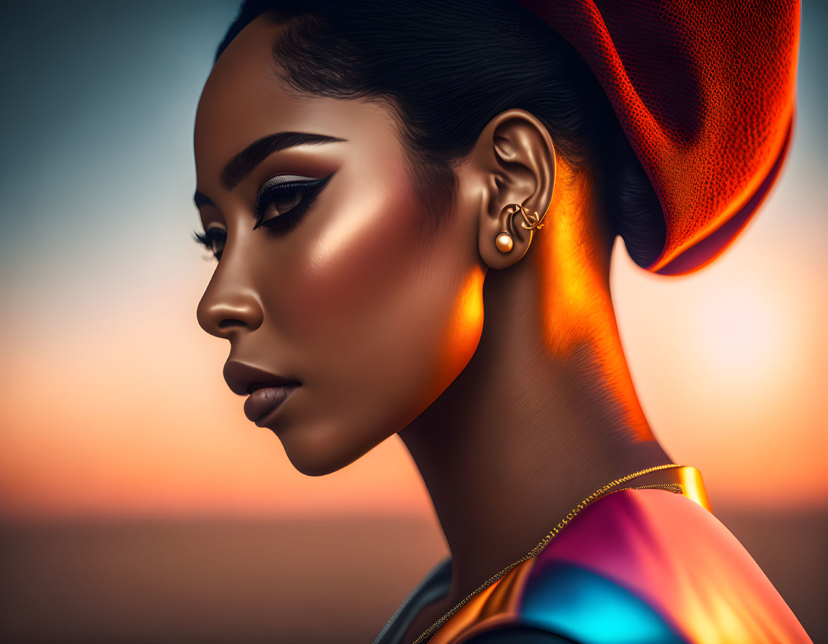 Woman with elegant makeup and colorful headscarf in profile against warm sunset.