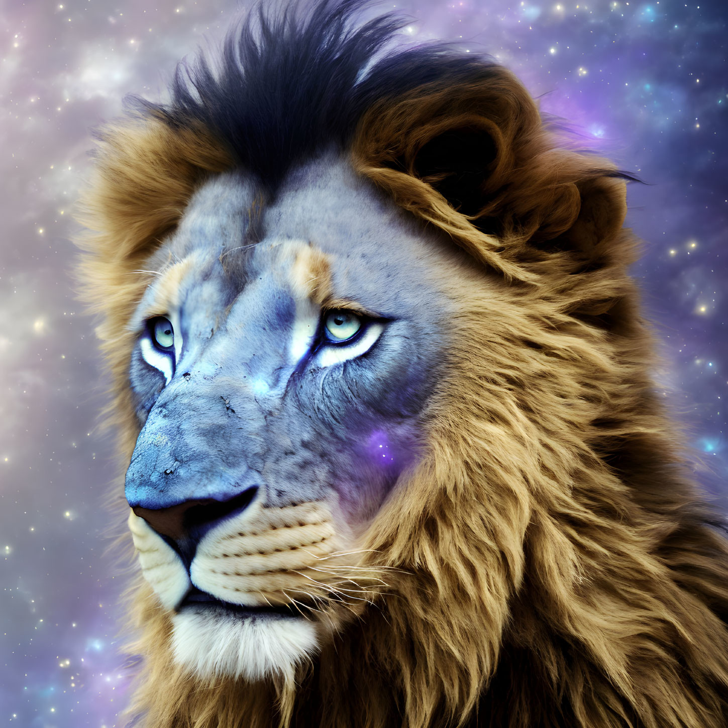 Digitally manipulated lion with cosmic sky overlay