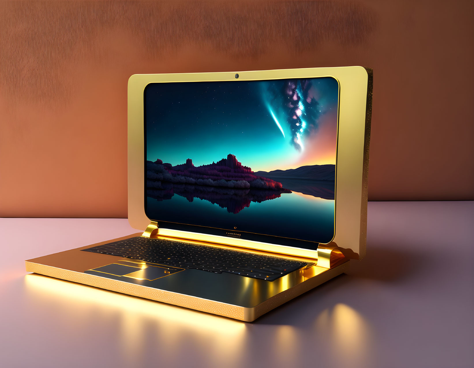 Gold-colored laptop with illuminated keyboard and nighttime nature wallpaper on screen