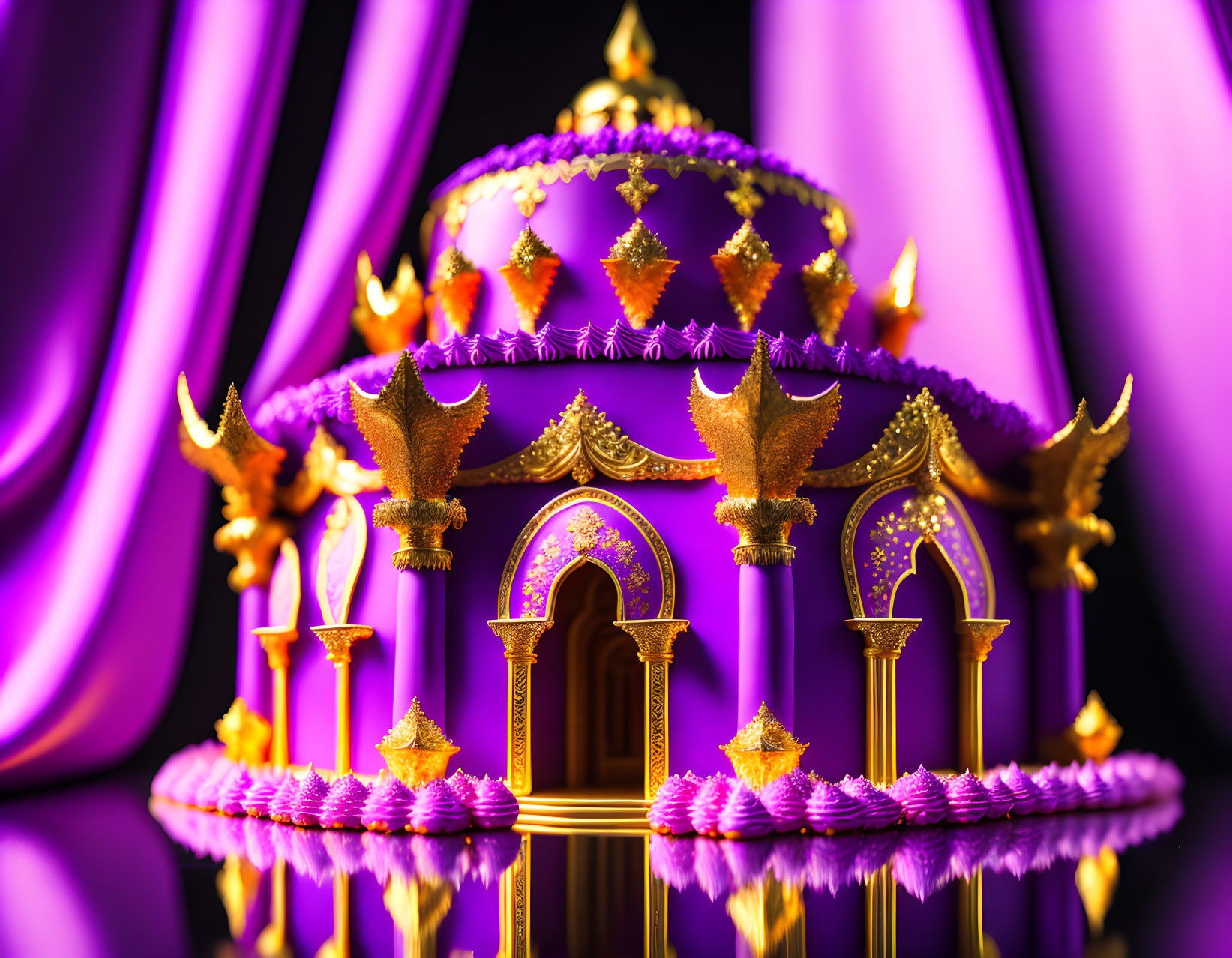 Miniature purple and gold palace on glossy surface with purple drapery background