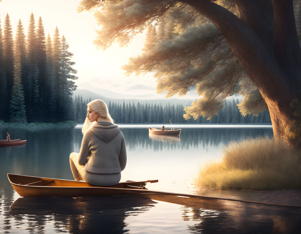 Person sitting on canoe near lakeshore at sunrise with distant boats and forest.