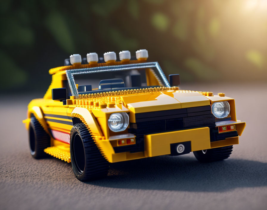 Yellow and Black LEGO Toy Car on Road in Motion with Sunlight