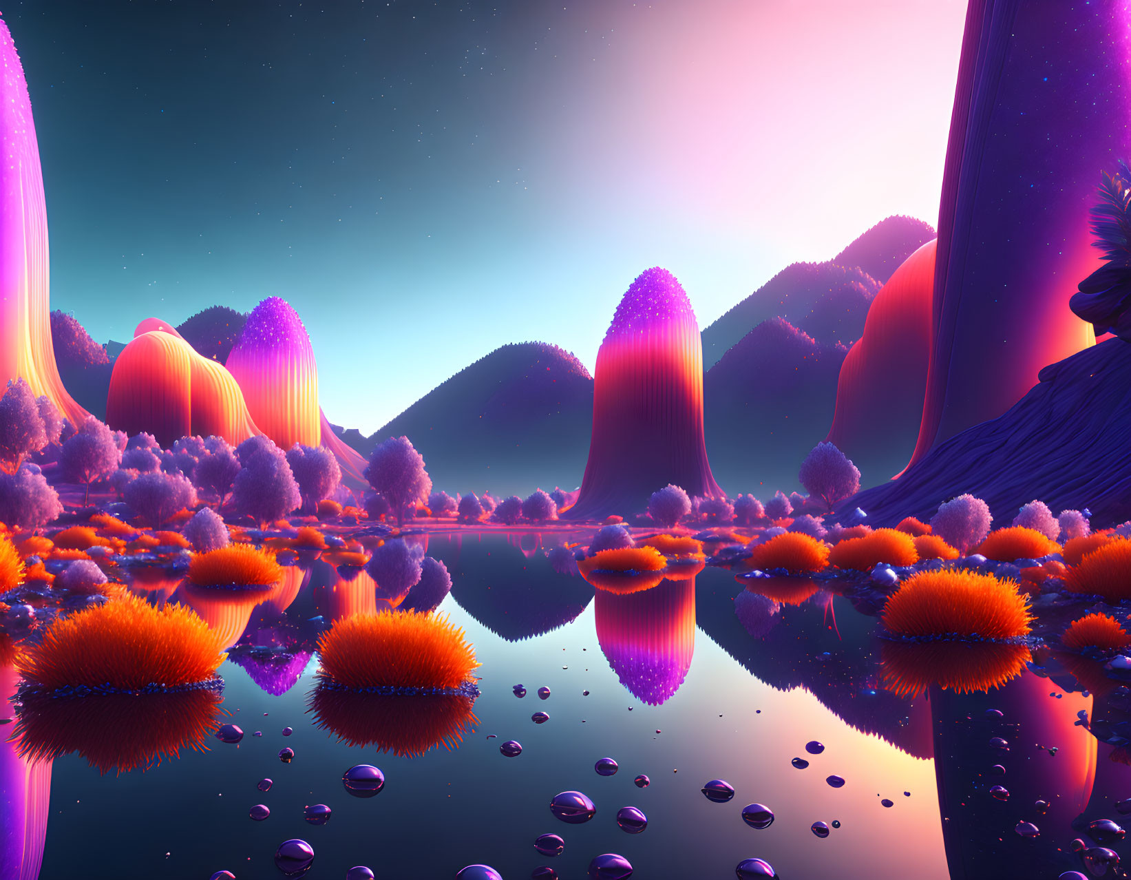 Colorful alien landscape: glowing flora, reflective water, sunset sky.