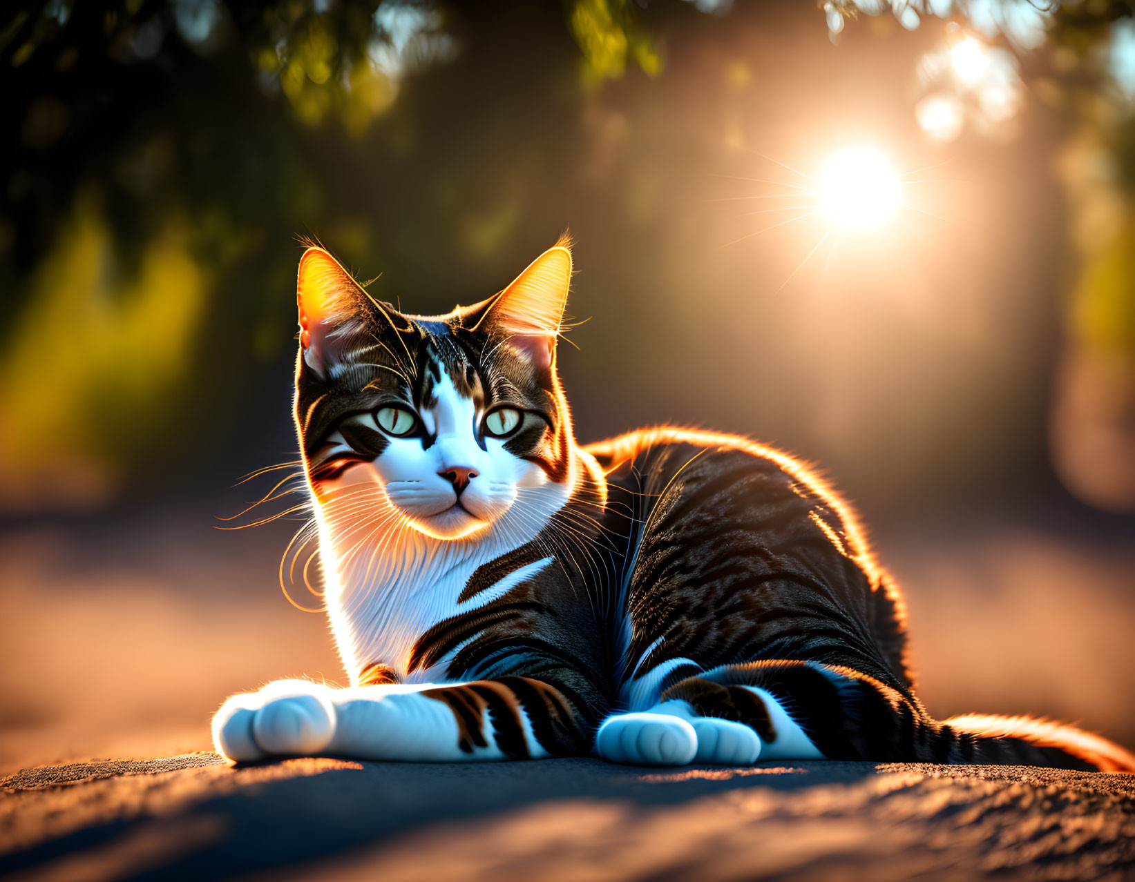 Tabby cat basking in sunlight with trees and setting sun in background