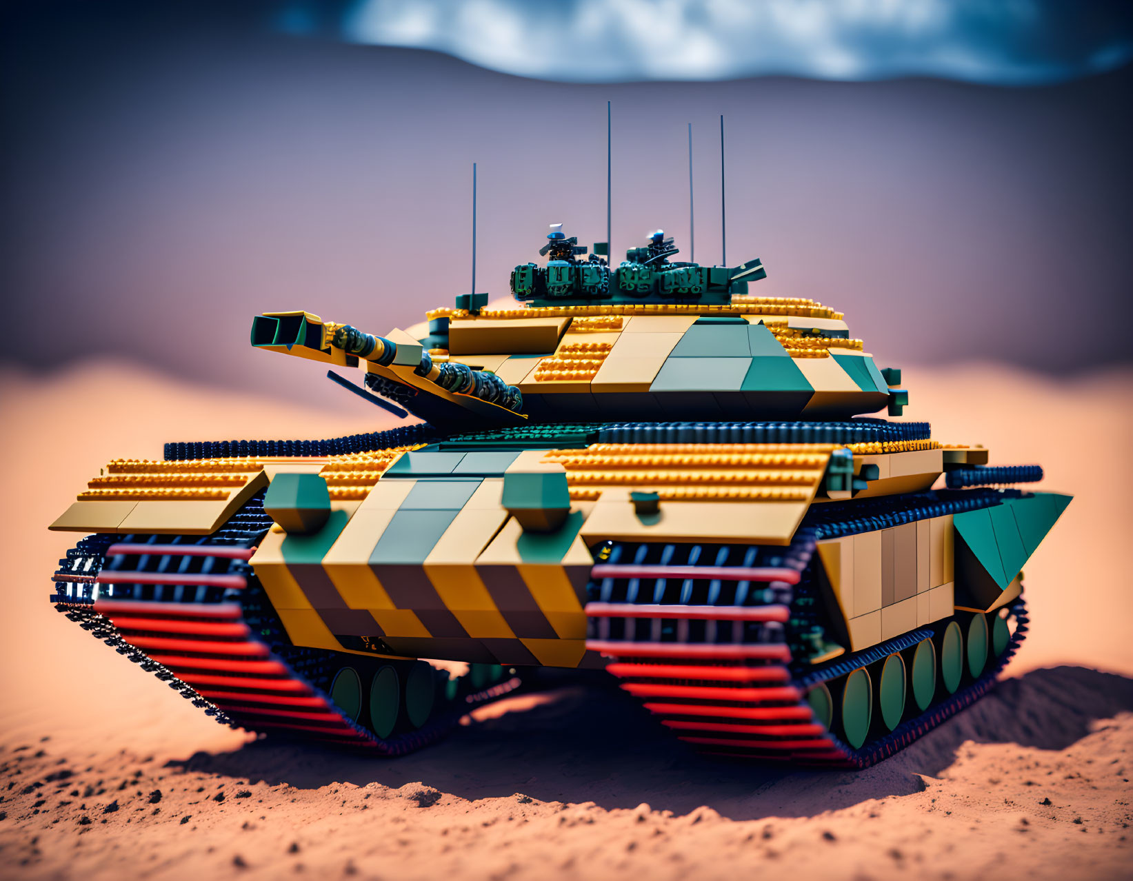 Detailed Military Tank Model with Camouflage on Desert Surface