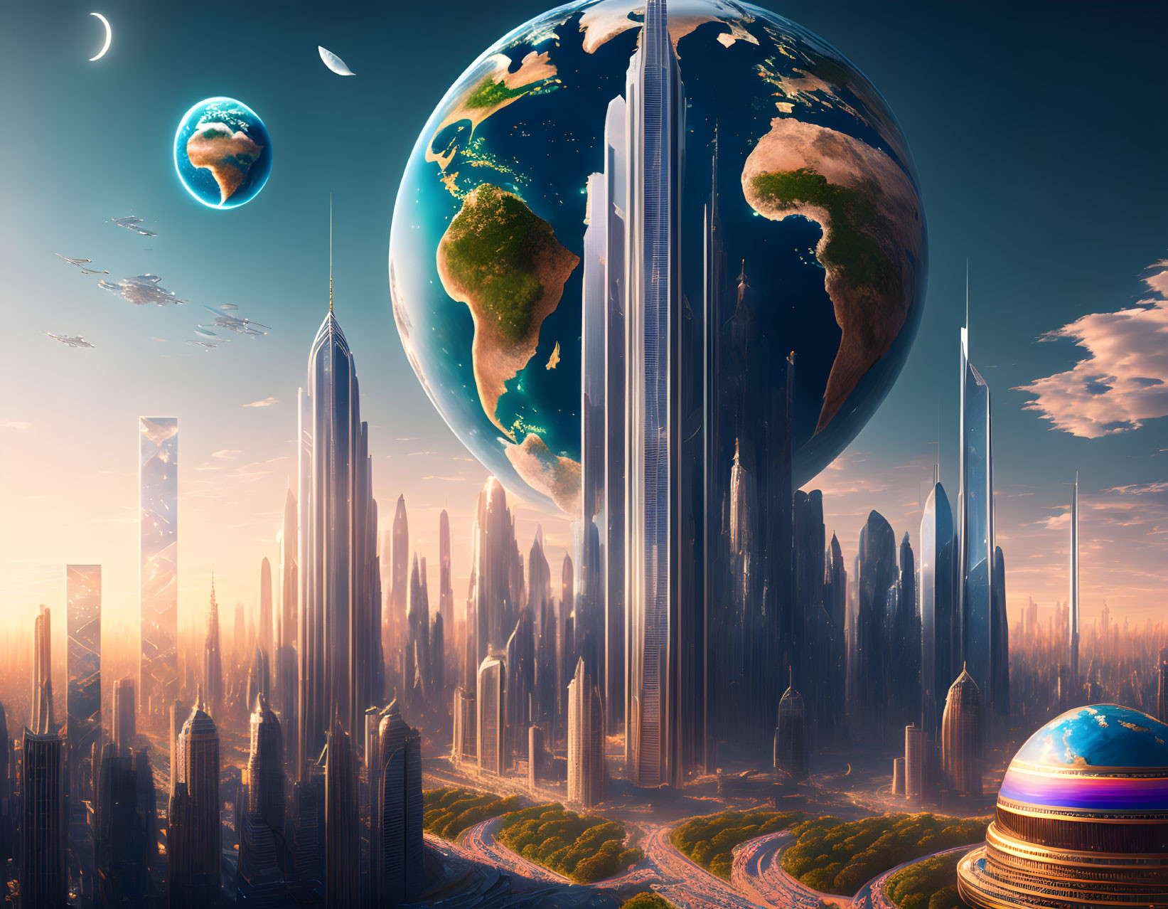 Futuristic cityscape with towering skyscrapers and oversized planets in surreal sky