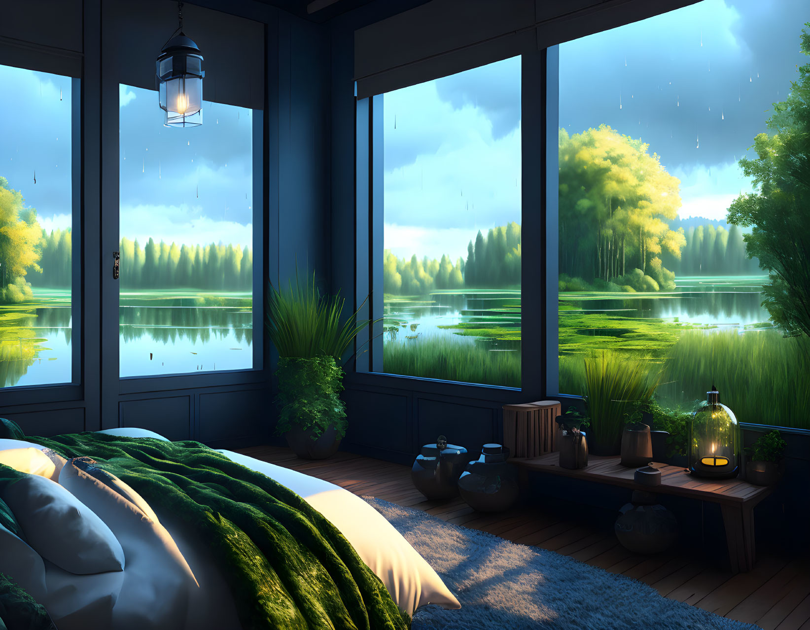 Tranquil bedroom with panoramic lake view in gentle rain at dusk