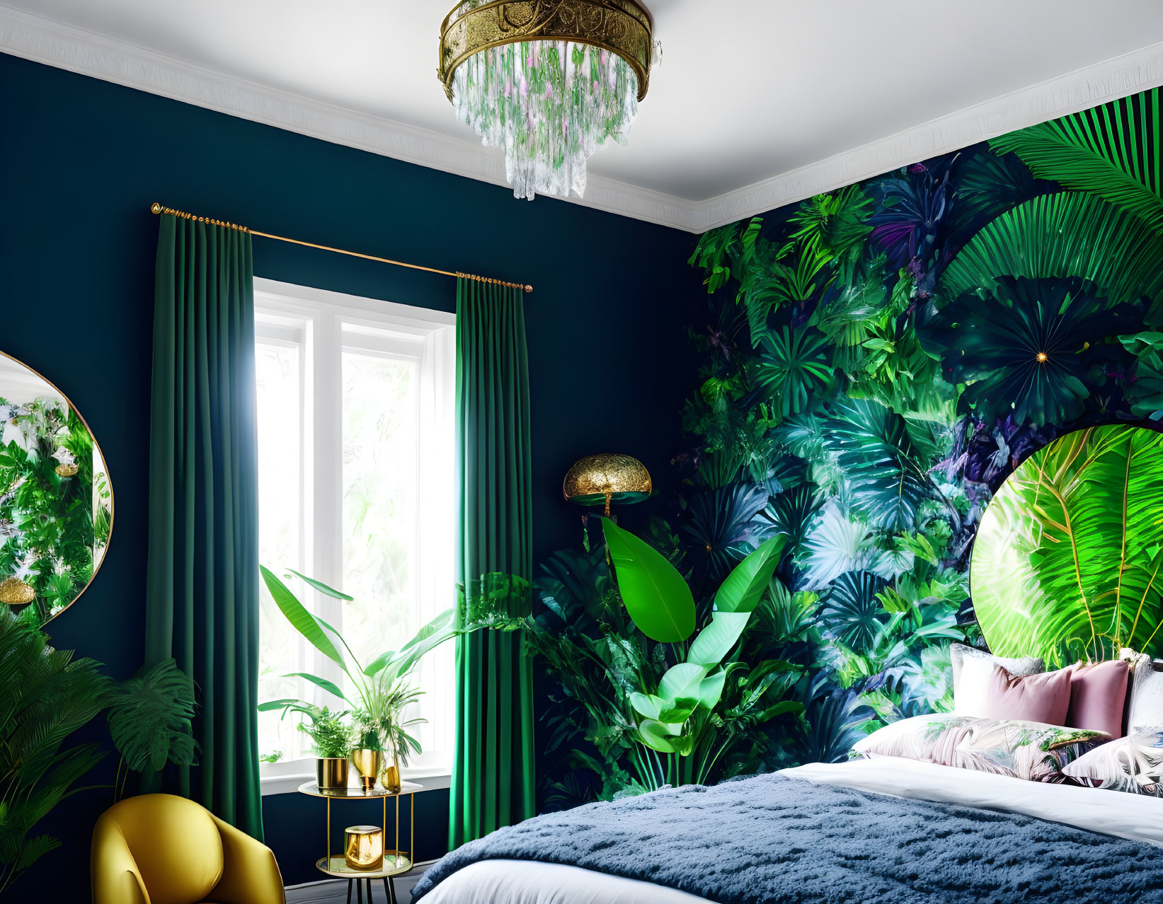 Elegant bedroom with tropical wallpaper and emerald green drapes