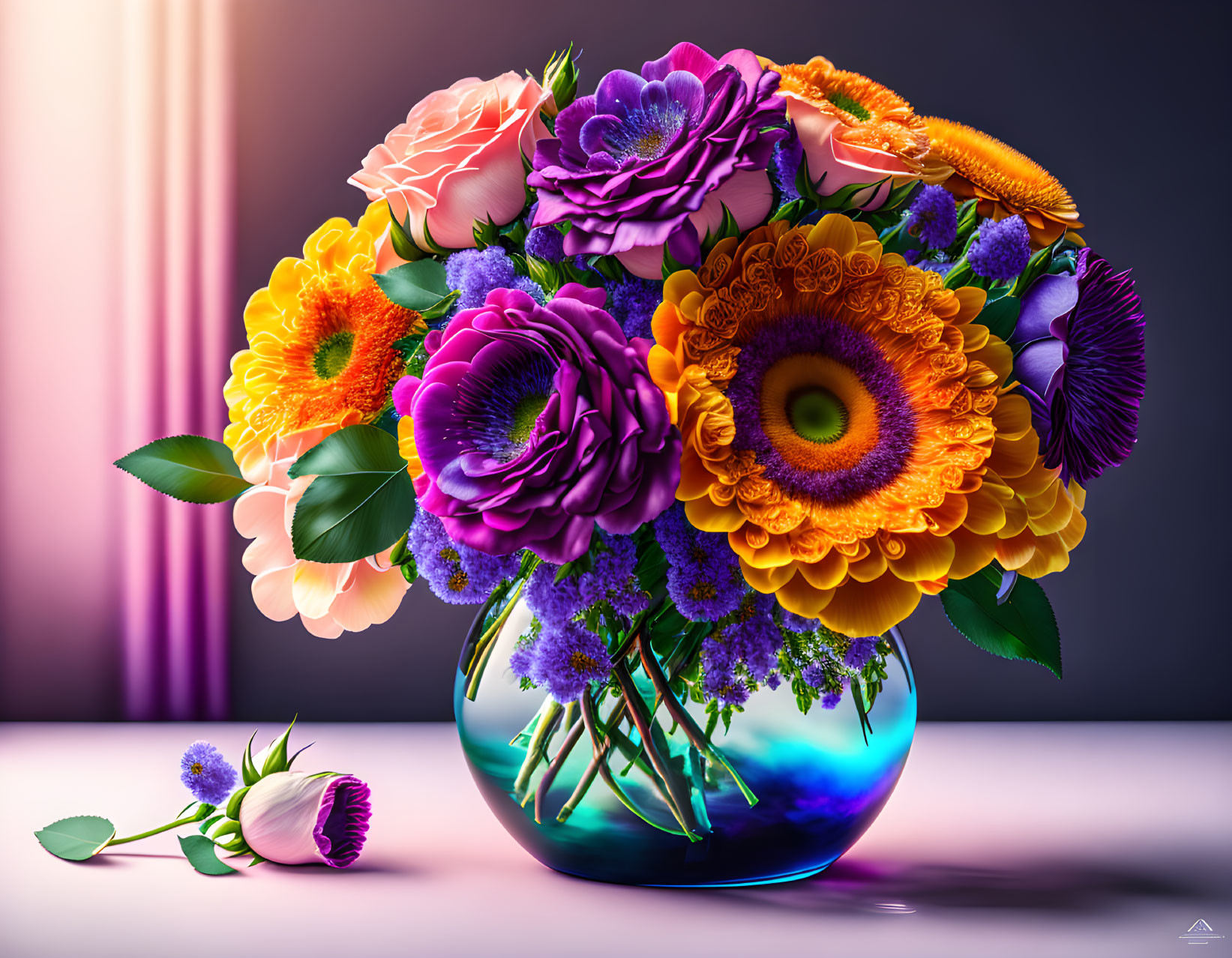 Assorted flowers bouquet in blue vase with fallen rosebud on soft-lit background