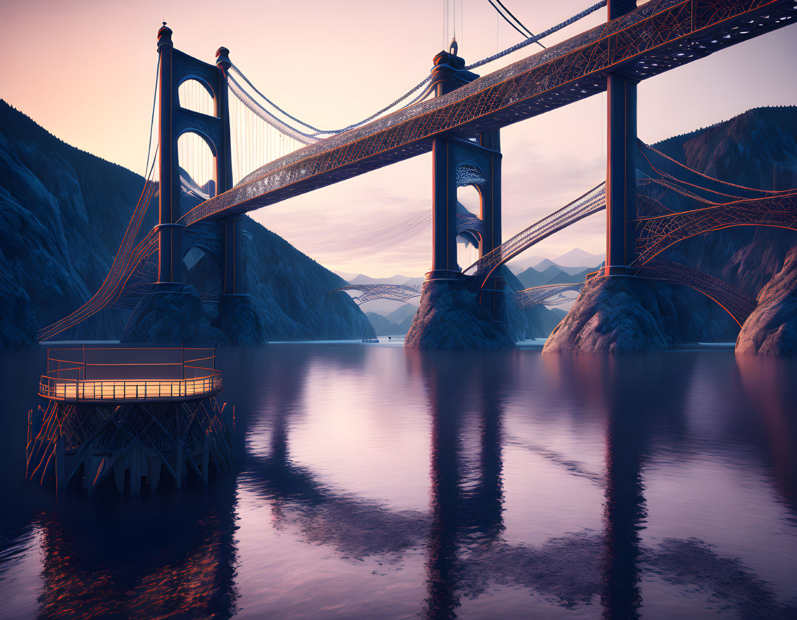 Suspension bridge over tranquil water at twilight