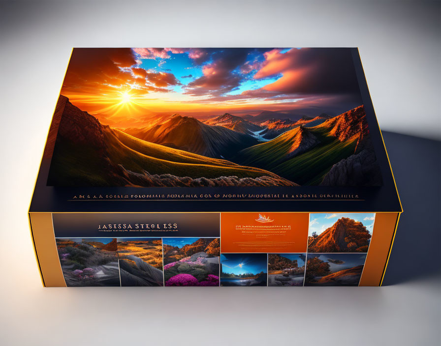 Majestic sunset over mountainous terrain on vibrant board game box