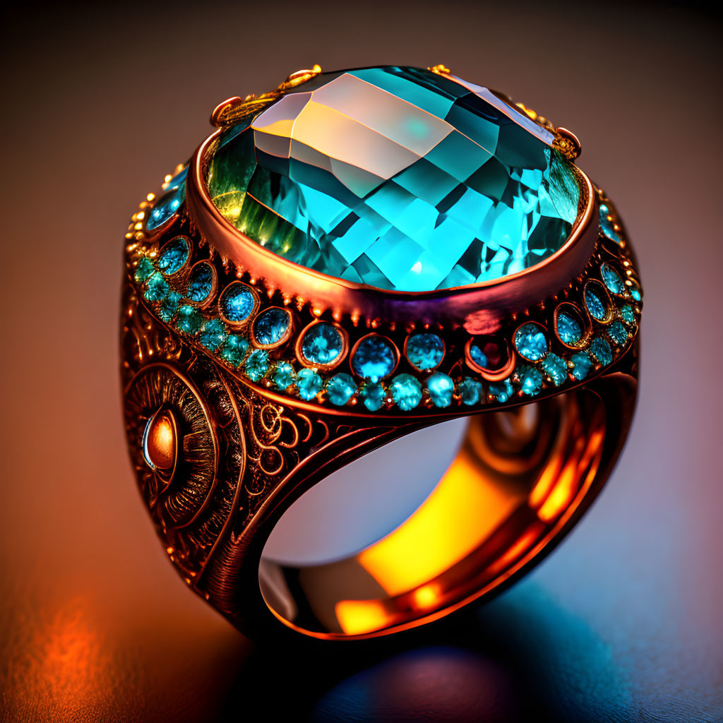 Golden Ring with Large Blue Gemstone and Turquoise Stones on Warm Background