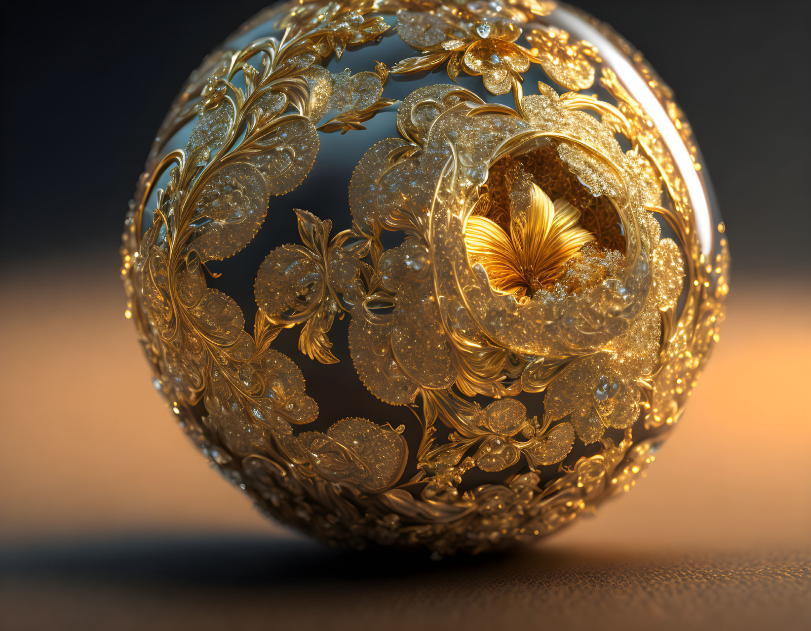 Golden Filigree Sphere with Floral Patterns on Gradient Background