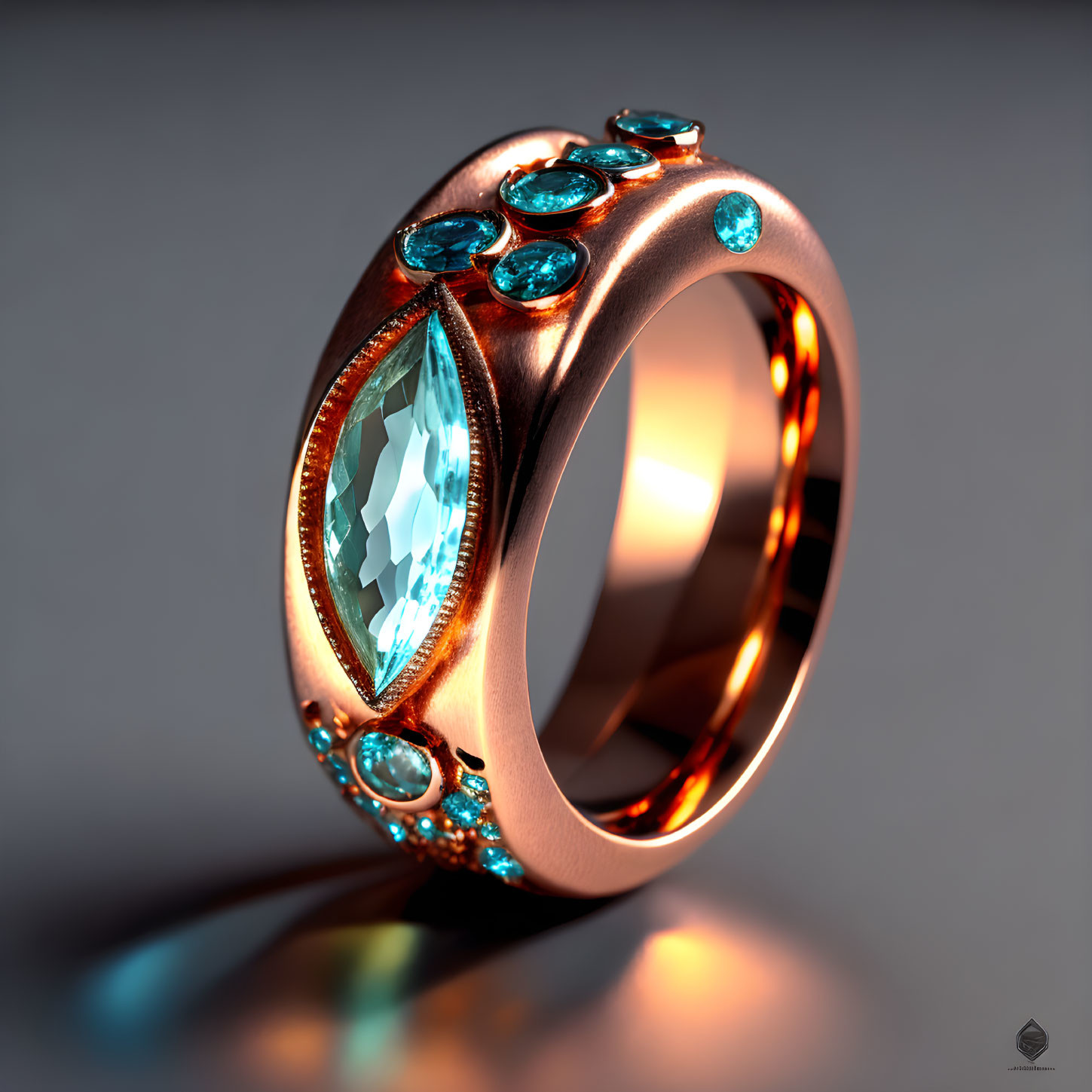 Rose Gold Ring with Marquise Aquamarine & Turquoise Stones