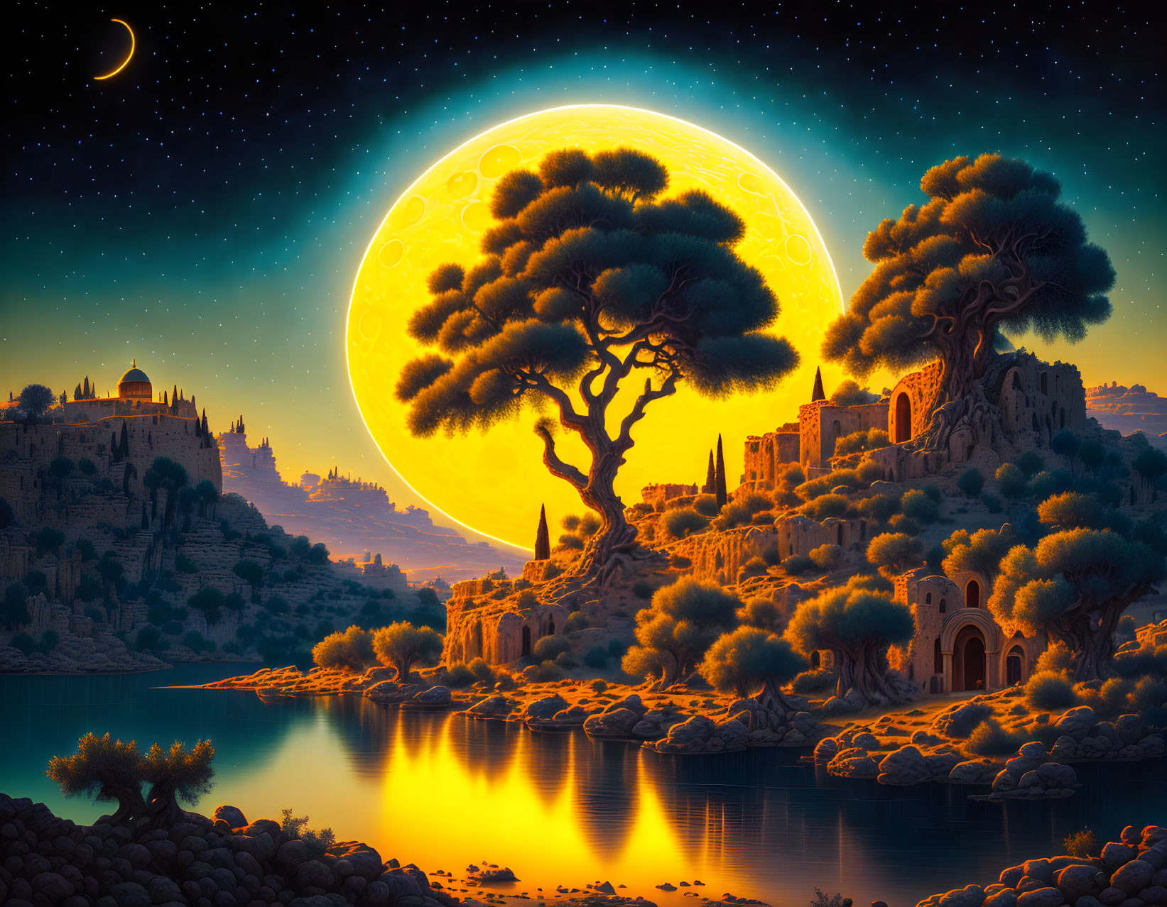 Enchanting night scene with large yellow moon, silhouetted tree, ruins, tranquil river