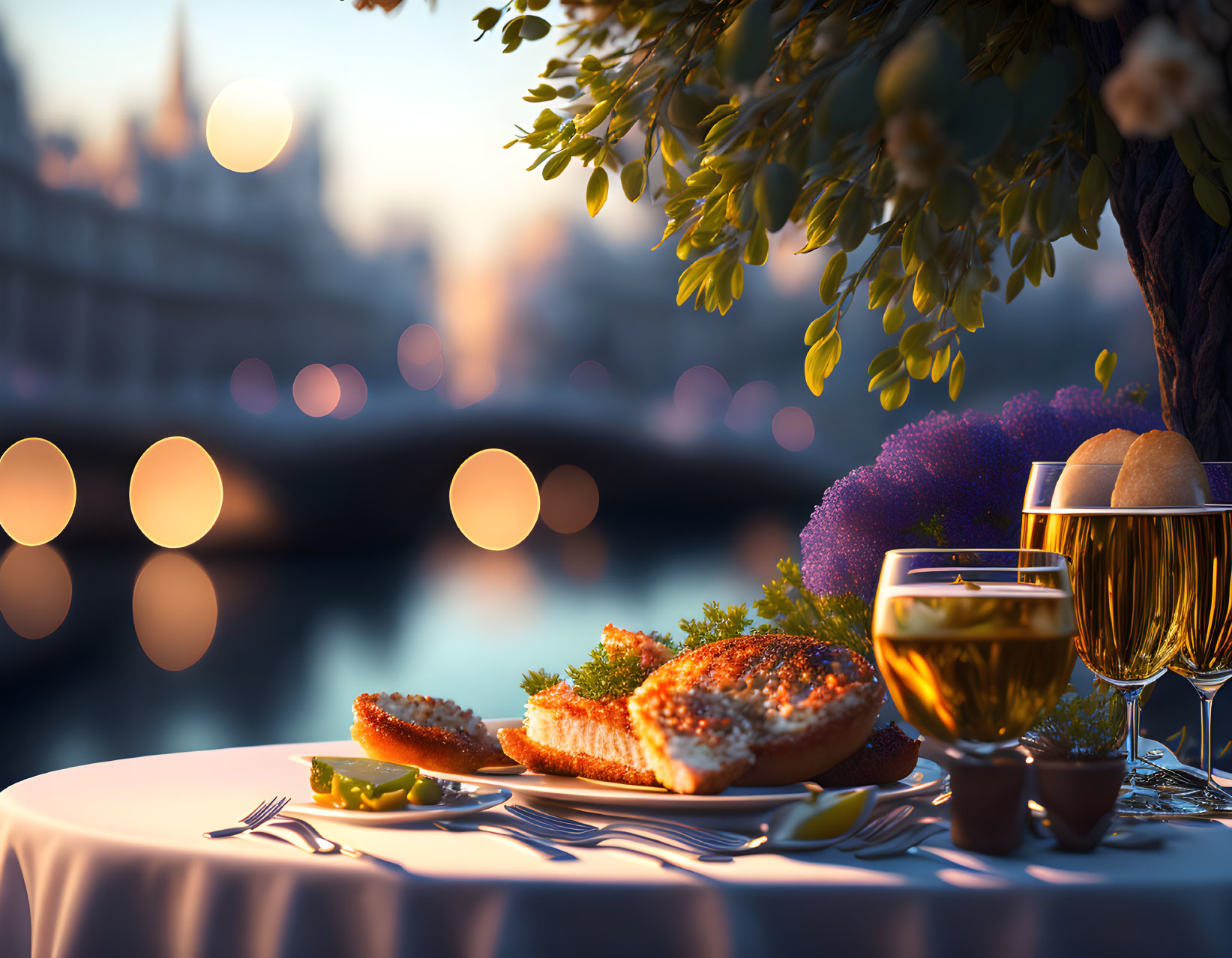 Scenic outdoor dining table with city view at sunset