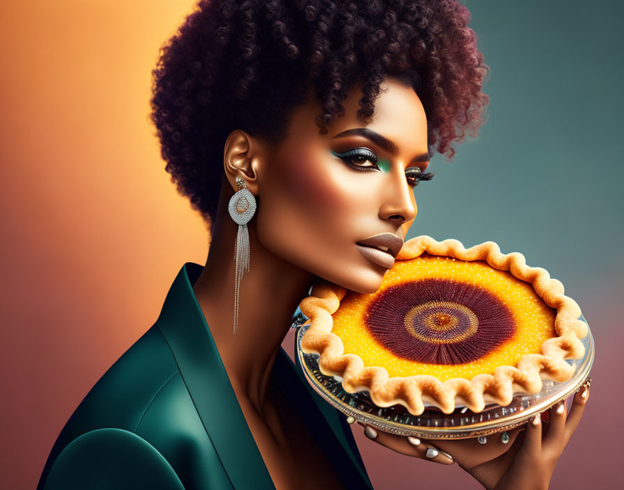 Illustrated woman with afro holding pie matching eye makeup on gradient background