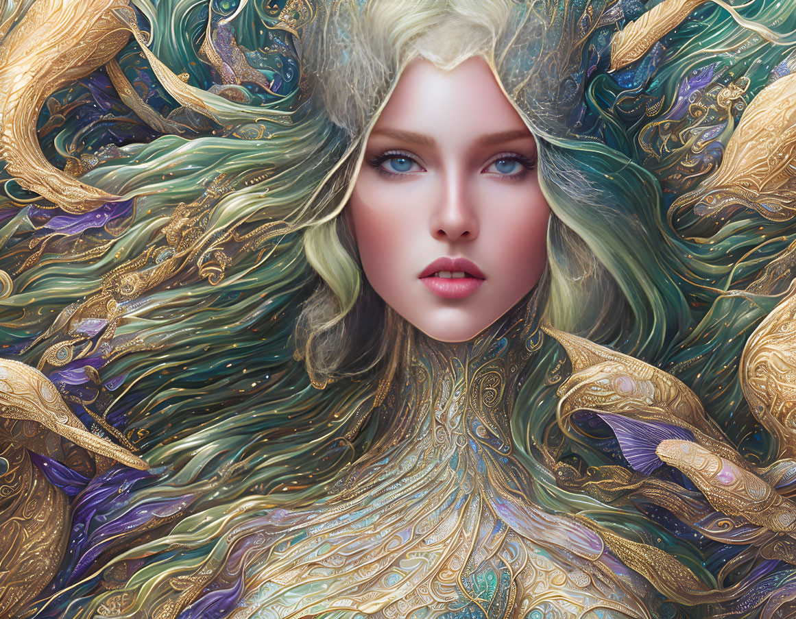 Fantasy illustration of woman with flowing hair and golden textures