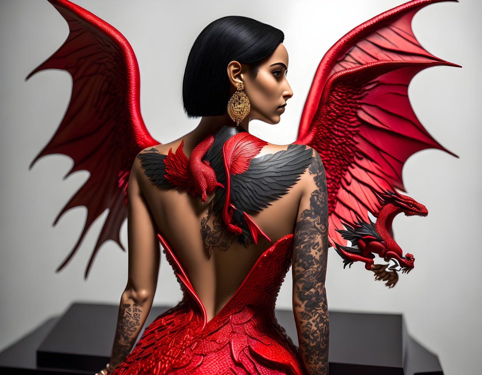 Woman with dragon-themed body art and red dragon dress in side profile