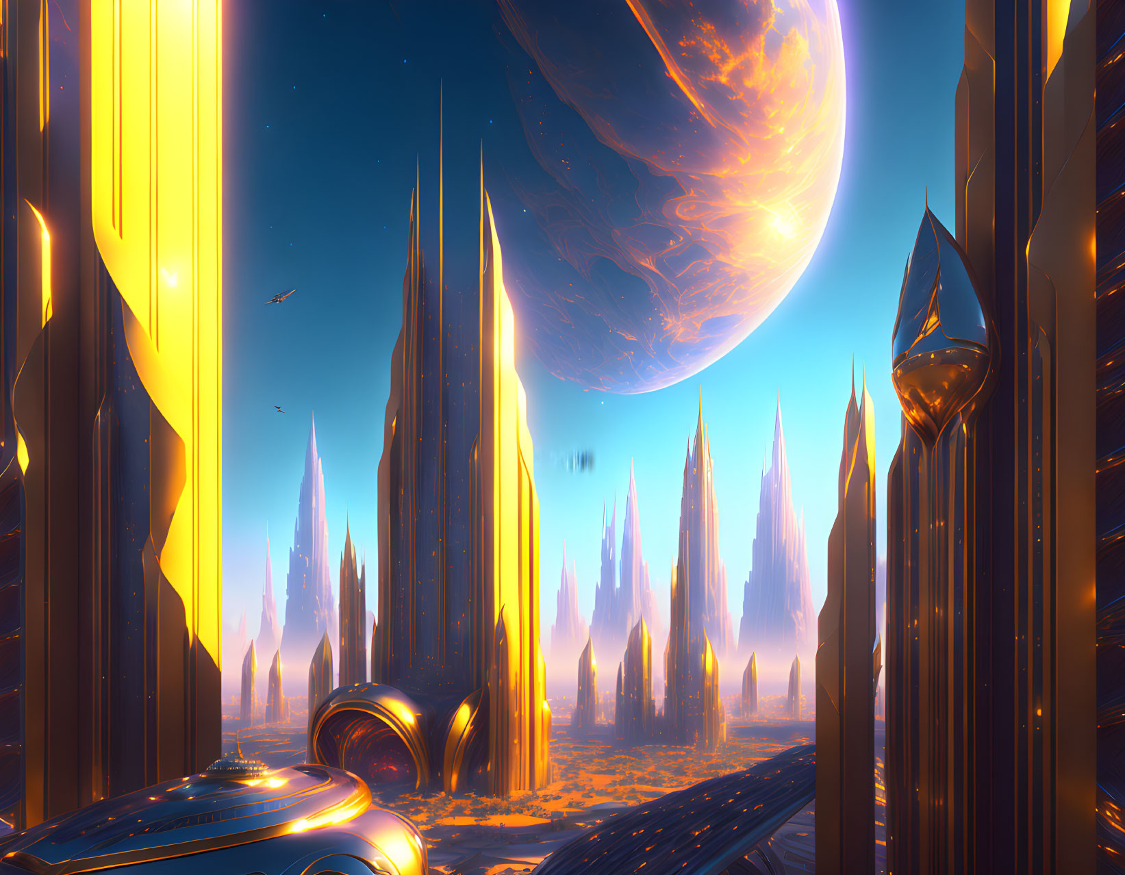 Futuristic cityscape with towering spires and flying vehicles under a large planet in the sky