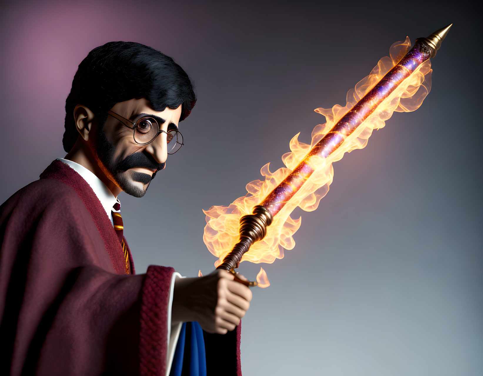 Wizard with glasses holding flaming pen as magic wand