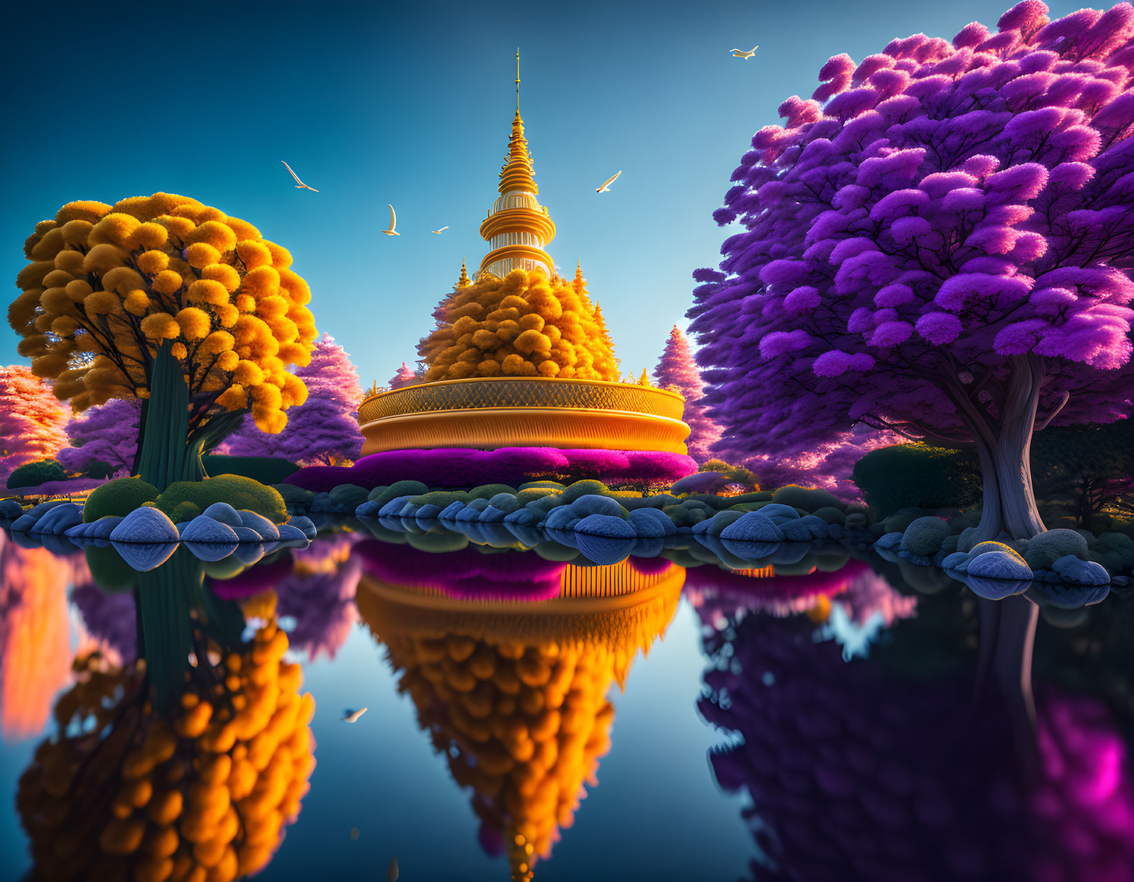 Golden Pagoda Surrounded by Yellow and Purple Trees, Reflected in Calm Water