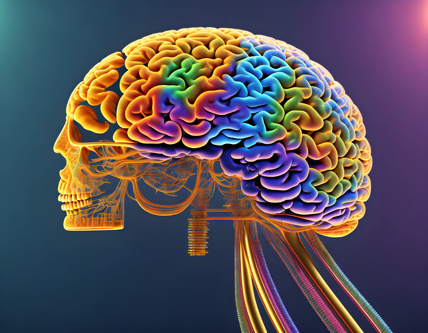 Vibrant human brain illustration in transparent head silhouette