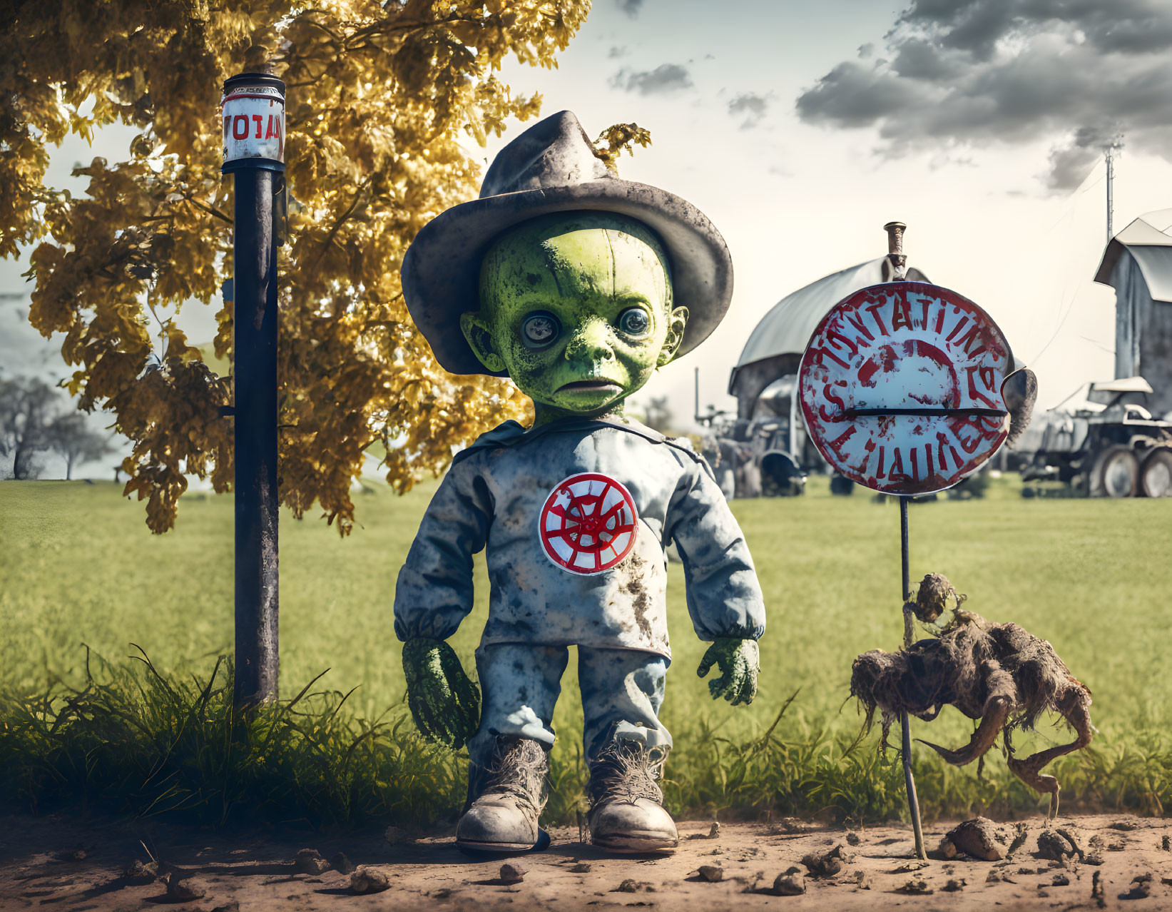 Green-faced alien cowboy with farm backdrop and grotesque creature.