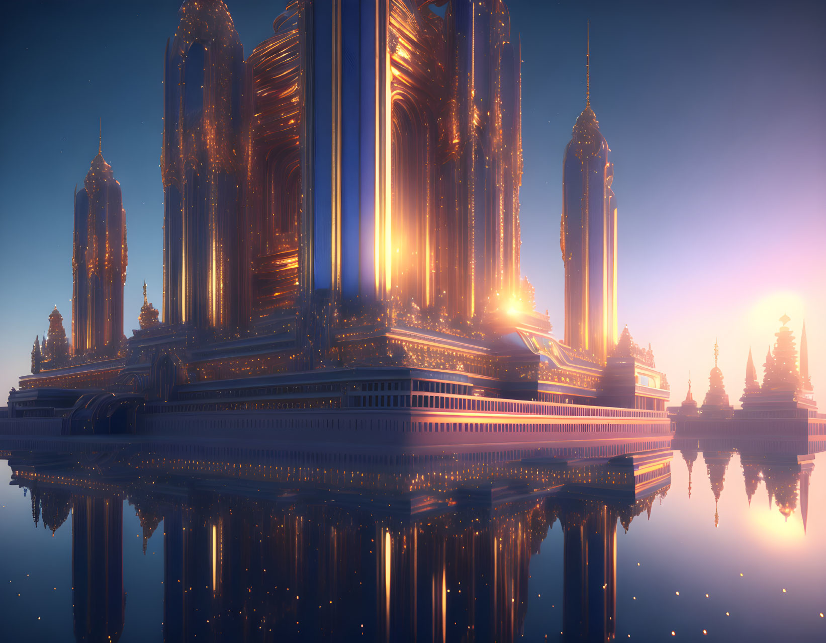 Futuristic cityscape with towering spires at sunset